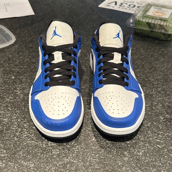 Blue and White Sneakers with Black Accents by Nike Air Jordan. - Picture 1 of 4